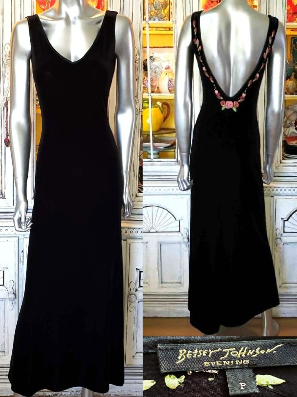 Vintage Betsey Johnson Slip Dress Evening 90s Black Velvet Backless Rose Floral - Picture 2 of 16